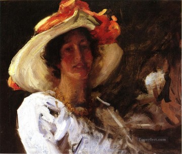  Ribbon Painting - Portrait of Clara Stephens Wearing a Hat with an Orange Ribbon William Merritt Chase